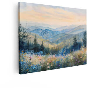 Artaza Canvas Schilderij Berglandschap - 80x60 cm - Wanddecoratie Bloemenweide - Muurdecoratie Aquarel Natuur - Schilderijen Op Canvas Woonkamer