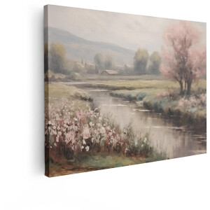 Artaza Canvas Schilderij Schilderachtig Landschap met Kabbelend Beekje en Bloeiende Bomen in de Lente - 80x60 cm - Wanddecoratie Woonkamer - Schilderijen - Muurdecoratie