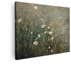 Artaza Canvas Schilderij Bloemen - 80x60 cm - Wanddecoratie Natuur - Muurdecoratie Impressionistisch - Decoratie Witte Bloemen Weide