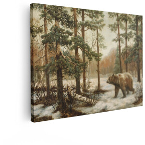 Artaza Canvas Schilderij Bruine Beer Loopt door Besneeuwde Bosrijke Omgeving met Pijnbomen - 40x30 cm - Klein - Wanddecoratie Woonkamer - Schilderijen - Muurdecoratie