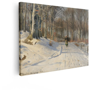 Artaza Canvas Schilderij Vrouw Draagt Hout door Besneeuwd Bos in de Winter - 80x60 cm - Wanddecoratie Woonkamer - Schilderijen - Muurdecoratie
