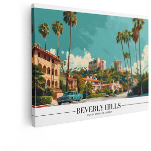 Artaza Canvas Schilderij Iconische Straat in Beverly Hills met Palmbomen en Klassieke Auto - 40x30 cm - Klein - Wanddecoratie Woonkamer - Schilderijen - Muurdecoratie