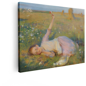 Artaza Canvas Schilderij Meisje in een Veld met Bloemen en Korenschoven - Genietend van de Zomer - 80x60 cm - Wanddecoratie Woonkamer - Schilderijen - Muurdecoratie