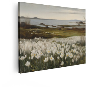 Artaza Canvas Schilderij Bloemenveld - 120x90 cm - Wanddecoratie Witte Bloemen - Muurdecoratie Zee - Decoratie Landschap Natuur