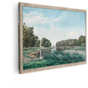 Artaza Canvas Schilderij Zomerse Landschapsschildering met Ooievaarsnest op een Boom en Riet aan het Water - 120x90 cm - Groot - Wanddecoratie Woonkamer - Schilderijen - Muurdecoratie