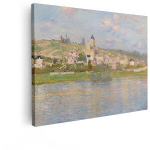 Artaza Canvas Schilderij Monet - 120x90 cm - Wanddecoratie Landschap - Muurdecoratie Dorp Aan De Rivier - Decoratie Impressionisme - Schilderijen Op Canvas
