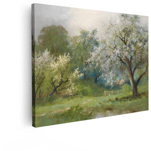 Artaza Canvas Schilderij Schilderachtig Lentelandschap met Bloeiende Bomen en Kippen bij een Huis - 120x90 cm - Groot - Wanddecoratie Woonkamer - Schilderijen - Muurdecoratie