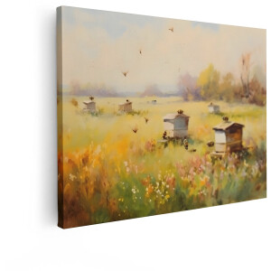 Artaza Canvas Schilderij Schilderachtige Bijenkorven in een Bloeiend Veld met Vliegende Bijen - 80x60 cm - Wanddecoratie Woonkamer - Schilderijen - Muurdecoratie