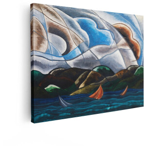 Artaza Canvas Schilderij Abstract Schilderij van Zeilboten op een Golvende Zee onder een Dramatische Lucht - 120x90 cm - Groot - Wanddecoratie Woonkamer - Schilderijen - Muurdecoratie