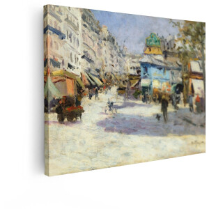 Artaza Canvas Schilderij Impressionistische Straatscène met Drukke Markt en Paardenkoetsen in de Sneeuw - 80x60 cm - Wanddecoratie Woonkamer - Schilderijen - Muurdecoratie