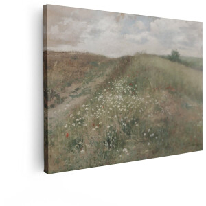 Artaza Canvas Schilderij Zomerse Weide met Klaprozen en Madeliefjes langs een Pad - 120x90 cm - Groot - Wanddecoratie Woonkamer - Schilderijen - Muurdecoratie