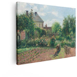 Artaza Canvas Schilderij Impressionistische Tuin met Bloemen - Groenten en een Werkende Vrouw - 120x90 cm - Groot - Wanddecoratie Woonkamer - Schilderijen - Muurdecoratie
