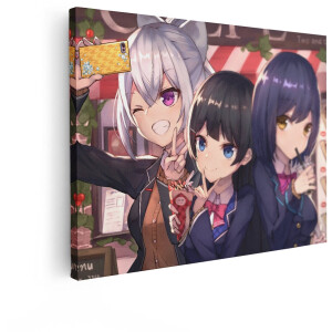 Artaza Canvas Schilderij Drie Anime Vriendinnen Maken een Selfie met een Crêpe en Bubble Tea - 120x90 cm - Groot - Wanddecoratie Woonkamer - Schilderijen - Muurdecoratie