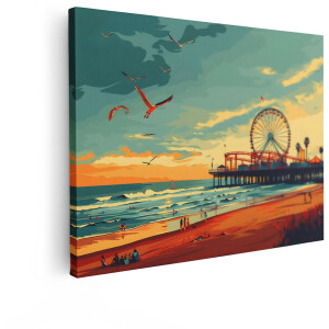 Artaza Canvas Schilderij Zonsondergang bij een Kermis aan Zee met Vliegende Meeuwen en Golven - 40x30 cm - Klein - Wanddecoratie Woonkamer - Schilderijen - Muurdecoratie