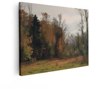 Artaza Canvas Schilderij Schilderachtig Herfstbos met Gouden en Oranje Bladeren en Kale Bomen - 120x90 cm - Groot - Wanddecoratie Woonkamer - Schilderijen - Muurdecoratie