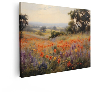 Artaza Canvas Schilderij Schilderachtig Veld met Wilde Bloemen en Bomen op een Heuvel - 120x90 cm - Groot - Wanddecoratie Woonkamer - Schilderijen - Muurdecoratie