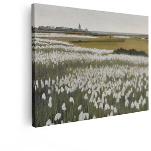 Artaza Canvas Schilderij Schilderij van een Veld met Witte Bloemen en een Vuurtoren in de Verte - 40x30 cm - Klein - Wanddecoratie Woonkamer - Schilderijen - Muurdecoratie
