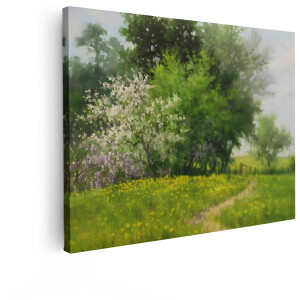 Artaza Canvas Schilderij Lentelandschap - 80x60 cm - Wanddecoratie Bloeiende Bomen - Muurdecoratie Landelijk - Decoratie Natuur Veld