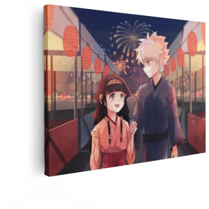 Artaza Canvas Schilderij Anime Stel in Yukata Geniet van Vuurwerk op een Zomerfestival - 40x30 cm - Klein - Wanddecoratie Woonkamer - Schilderijen - Muurdecoratie