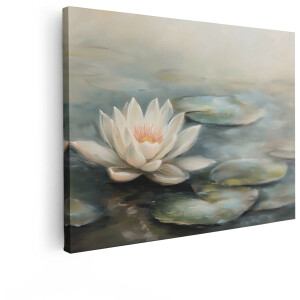 Artaza Canvas Schilderij Schilderij van een Witte Waterlelie Die Rust op het Water met Leliebladeren - 80x60 cm - Wanddecoratie Woonkamer - Schilderijen - Muurdecoratie