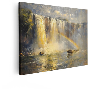 Artaza Canvas Schilderij Schilderachtige Waterval met Boot en Regenboog in Gouden Licht - 80x60 cm - Wanddecoratie Woonkamer - Schilderijen - Muurdecoratie