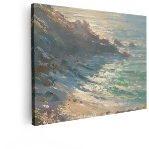 Artaza Canvas Schilderij Impressionistische Olieverfschilderij van een Rotsachtige Kustlijn met Golven - 80x60 cm - Wanddecoratie Woonkamer - Schilderijen - Muurdecoratie