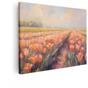 Artaza Canvas Schilderij Tulpenveld - 120x90 cm - Wanddecoratie Bloemen - Muurdecoratie Landschap - Decoratie Lente Oranje