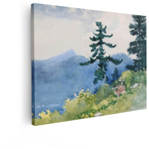 Artaza Canvas Schilderij Twee Herten in een Schilderachtig Berglandschap met Dennenbomen - 80x60 cm - Wanddecoratie Woonkamer - Schilderijen - Muurdecoratie