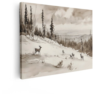 Artaza Canvas Schilderij Landschap - 40x30 cm - Wanddecoratie Herten In Sneeuw - Muurdecoratie Winter Bos - Decoratie Aquarel
