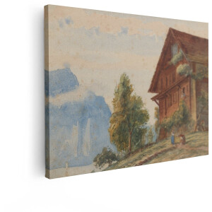 Artaza Canvas Schilderij Berglandschap - 120x90 cm - Vintage Wanddecoratie Alpenhuis - Muurdecoratie Bergen - Schilderijen Op Canvas Natuur