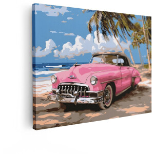 Artaza Canvas Schilderij Roze Vintage Cabriolet Auto op een Tropisch Strand met Palmbomen - 80x60 cm - Wanddecoratie Woonkamer - Schilderijen - Muurdecoratie