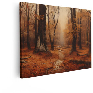 Artaza Canvas Schilderij Schilderachtig Herfstbos met een Pad Bedekt met Bladeren en Mist - 40x30 cm - Klein - Wanddecoratie Woonkamer - Schilderijen - Muurdecoratie
