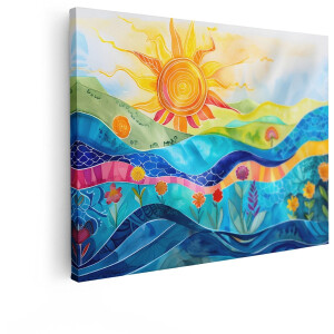 Artaza Canvas Schilderij Kleurrijk Landschap - 120x90 cm - Wanddecoratie Zon En Bloemen - Muurdecoratie Natuur - Decoratie Woonkamer