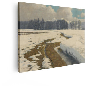Artaza Canvas Schilderij Schilderij van een Besneeuwd Landschap met een Kronkelende Beek en Bergen op de Achtergrond - 40x30 cm - Klein - Wanddecoratie Woonkamer - Schilderijen - Muurdecoratie