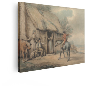 Artaza Canvas Schilderij Boerderijtafereel met Ruiters en Vee in een Landelijke Omgeving - 40x30 cm - Klein - Wanddecoratie Woonkamer - Schilderijen - Muurdecoratie