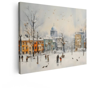 Artaza Canvas Schilderij Landschap Winter - 40x30 cm - Wanddecoratie Dorp In De Sneeuw - Muurdecoratie Vogels - Decoratie Woonkamer - Kamer Accessoires