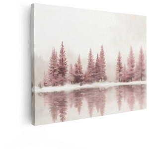 Artaza Canvas Schilderij Zachte Roze Winterbomen Weerspiegelen in Kalm Water met Mistige Achtergrond - 80x60 cm - Wanddecoratie Woonkamer - Schilderijen - Muurdecoratie