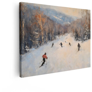 Artaza Canvas Schilderij Skiërs - 120x90 cm - Wanddecoratie Winterlandschap - Muurdecoratie Berghelling - Schilderijen Op Canvas Zonsondergang