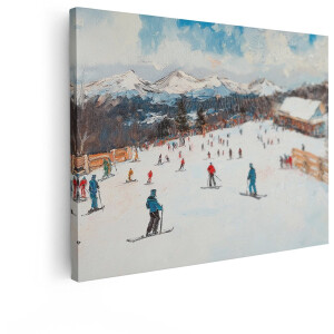 Artaza Canvas Schilderij Skipiste - 80x60 cm - Wanddecoratie Bergen - Muurdecoratie Winterlandschap - Decoratie Skiërs Olieverf