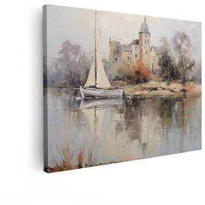 Artaza Canvas Schilderij Landschap Zeilboot - 120x90 cm - Wanddecoratie Kasteel Rivier - Muurdecoratie Natuur - Decoratie Mistig Water