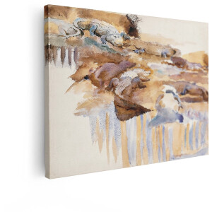 Artaza Canvas Schilderij Aquarel van een Groep Krokodillen Die Rusten op een Zanderige Oever bij het Water - 120x90 cm - Groot - Wanddecoratie Woonkamer - Schilderijen - Muurdecoratie