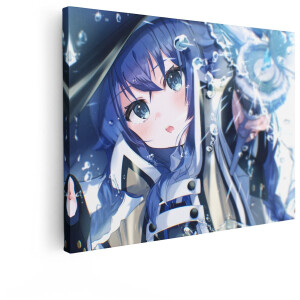 Artaza Canvas Schilderij Anime Meisje - 120x90 cm - Wanddecoratie Blauw Haar - Muurdecoratie Waterdruppels - Decoratie Slaapkamer