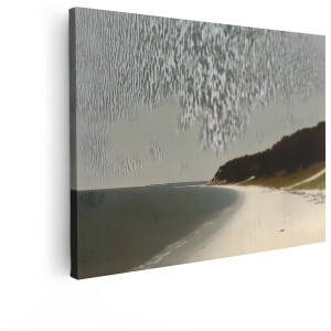 Artaza Canvas Schilderij Rustige Kustlijn met Donker Bos en een Grijze - Bewolkte Hemel - 40x30 cm - Klein - Wanddecoratie Woonkamer - Schilderijen - Muurdecoratie
