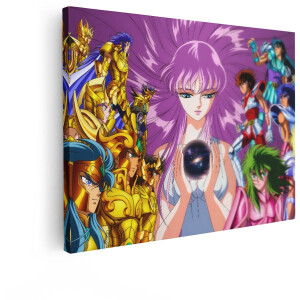 Artaza Canvas Schilderij Saint Seiya Anime Personages met Gouden Harnassen en een Vrouw met Paars Haar - 40x30 cm - Klein - Wanddecoratie Woonkamer - Schilderijen - Muurdecoratie
