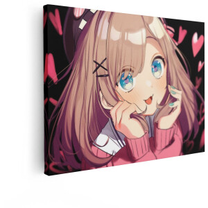 Artaza Canvas Schilderij Schattige Anime Meisje met Grote Blauwe Ogen en Roze Hartjes op de Achtergrond - 80x60 cm - Wanddecoratie Woonkamer - Schilderijen - Muurdecoratie