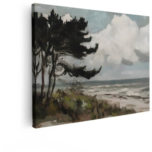 Artaza Canvas Schilderij Kustlandschap - 80x60 cm - Wanddecoratie Strand En Zee - Muurdecoratie Pijnbomen - Schilderijen Op Canvas Natuur