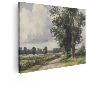 Artaza Canvas Schilderij Landschap - 120x90 cm - Wanddecoratie Landelijk - Muurdecoratie Boom - Decoratie Natuur Aquarel - Woonkamer