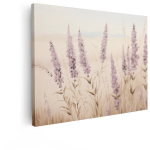 Artaza Canvas Schilderij Zachte Paarse Bloemen in een Veld met Zachte Achtergrond en Bergen - 40x30 cm - Klein - Wanddecoratie Woonkamer - Schilderijen - Muurdecoratie