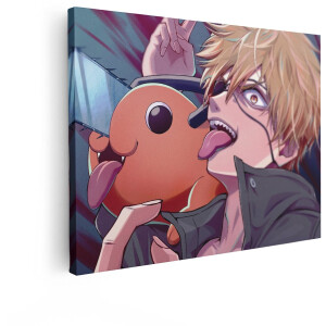 Artaza Canvas Schilderij Anime Jongen met Kettingzaag Demon en Oranje Hondje - Expressief en Dynamisch - 40x30 cm - Klein - Wanddecoratie Woonkamer - Schilderijen - Muurdecoratie