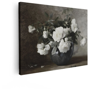 Artaza Canvas Schilderij Stilleven Witte Rozen - 80x60 cm - Wanddecoratie Bloemen - Muurdecoratie Vintage - Decoratie Woonkamer